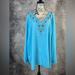 Tantrums Cotton Sky Blue Silver Beaded V- Neckline Long Sleeve Tunic Size 3X
